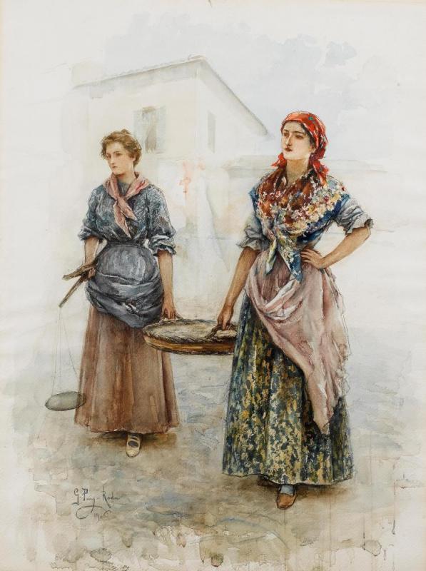 Two Young Women Carrying A Basket, 1906 Artwork by Gabriel Puig Roda