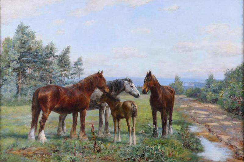 Three Horses And A Foal Artwork by Wright Barker