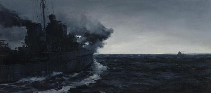 The H.m.s. Achilles In Action Running The 'graf Spee' Off Montivideo Artwork by Montague Dawson