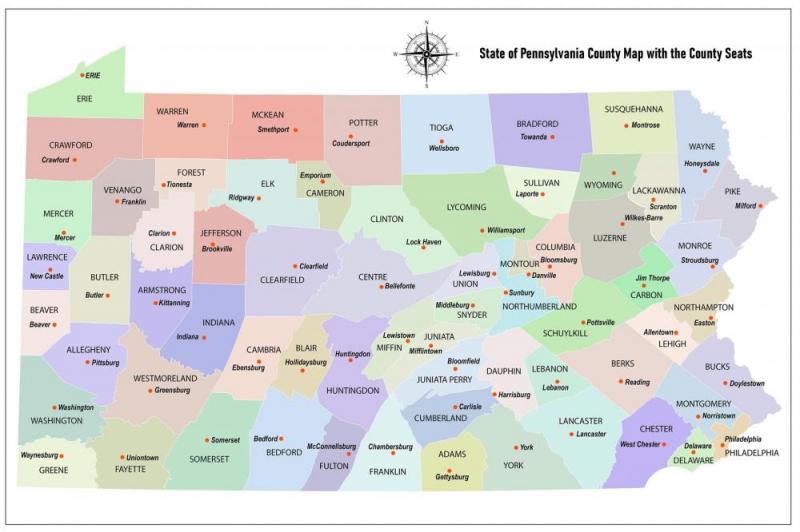 State Of Pennsylvania County Map With The County Seats Artwork by Collections