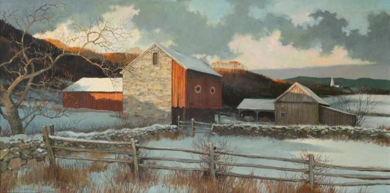 Early Winter Landscape With Red Barn And Church Steeple In The Distance Artwork by Eric Sloane