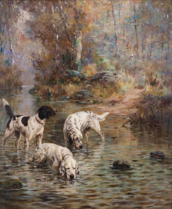 English Setters Drinking From A River, 1920 Artwork by Percival Leonard Rosseau