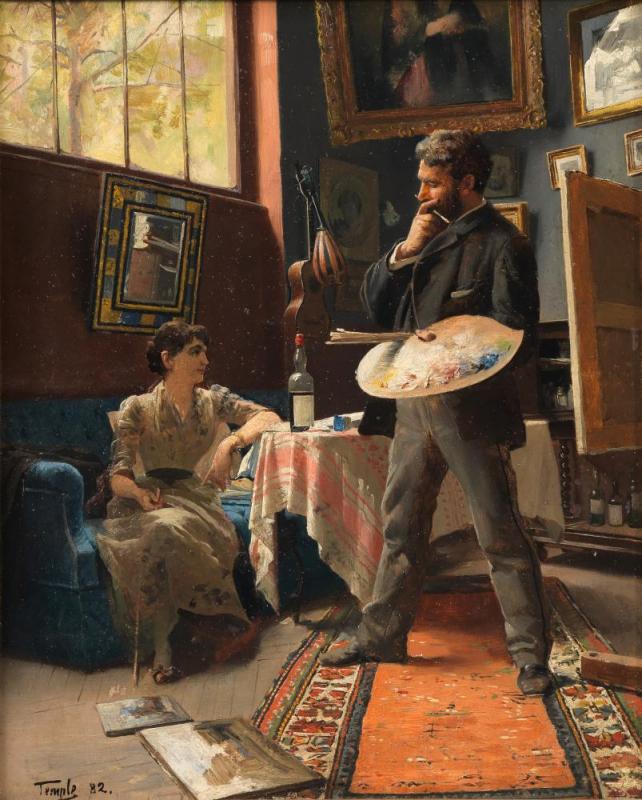 Self-portrait Of Hans Temple In His Studio With A Model, 1882 Artwork by Hans Temple