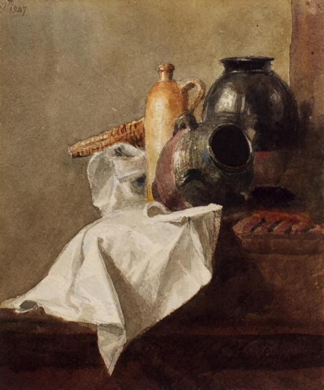 Still Life With A Bottle, A Jug And A Napkin, 1847 Artwork by Peter de Wint