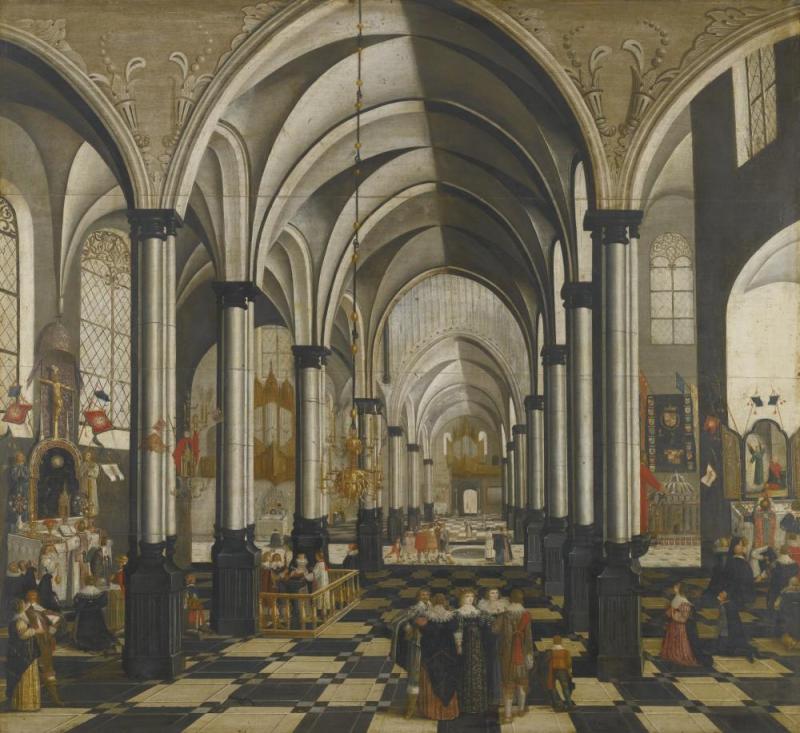 The Interior Of A Church, With Elegant Figures Gathered In The Main Aisle, 1634 Artwork by Anton Günther Gheringh
