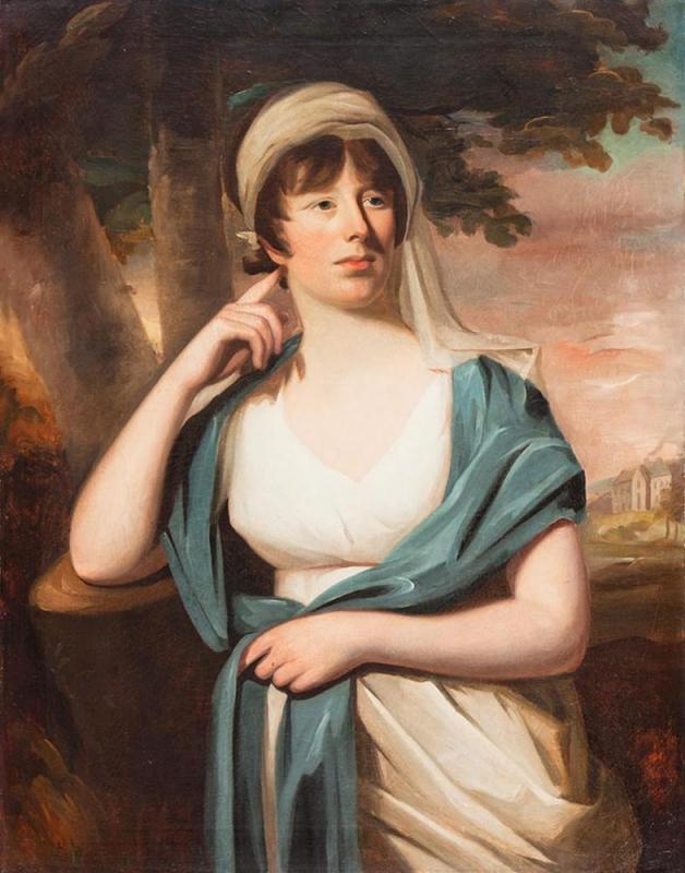 Lady In A White Dress, Blue Scarf, And Headband In Front Of A Landscape With A Castle Artwork by George Watson