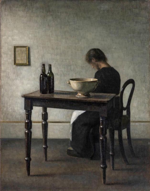 Young Girl Sewing, 1910 Artwork by Vilhelm Hammershøi