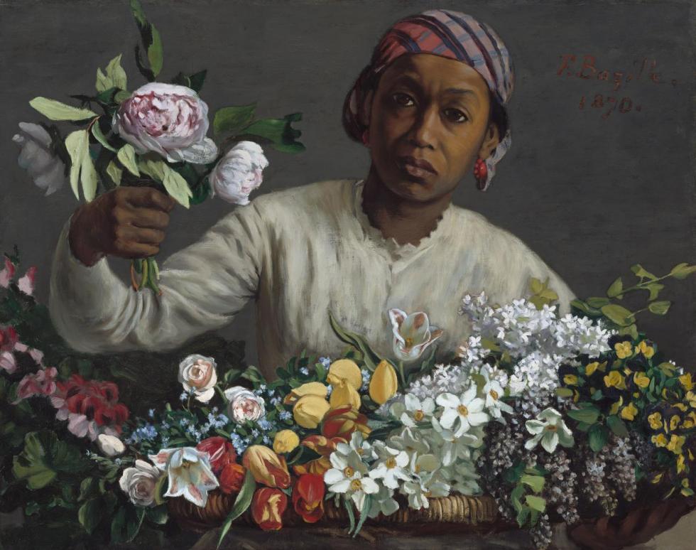 Young Woman With Peonies, 1870 Artwork by Jean Frederic Bazille